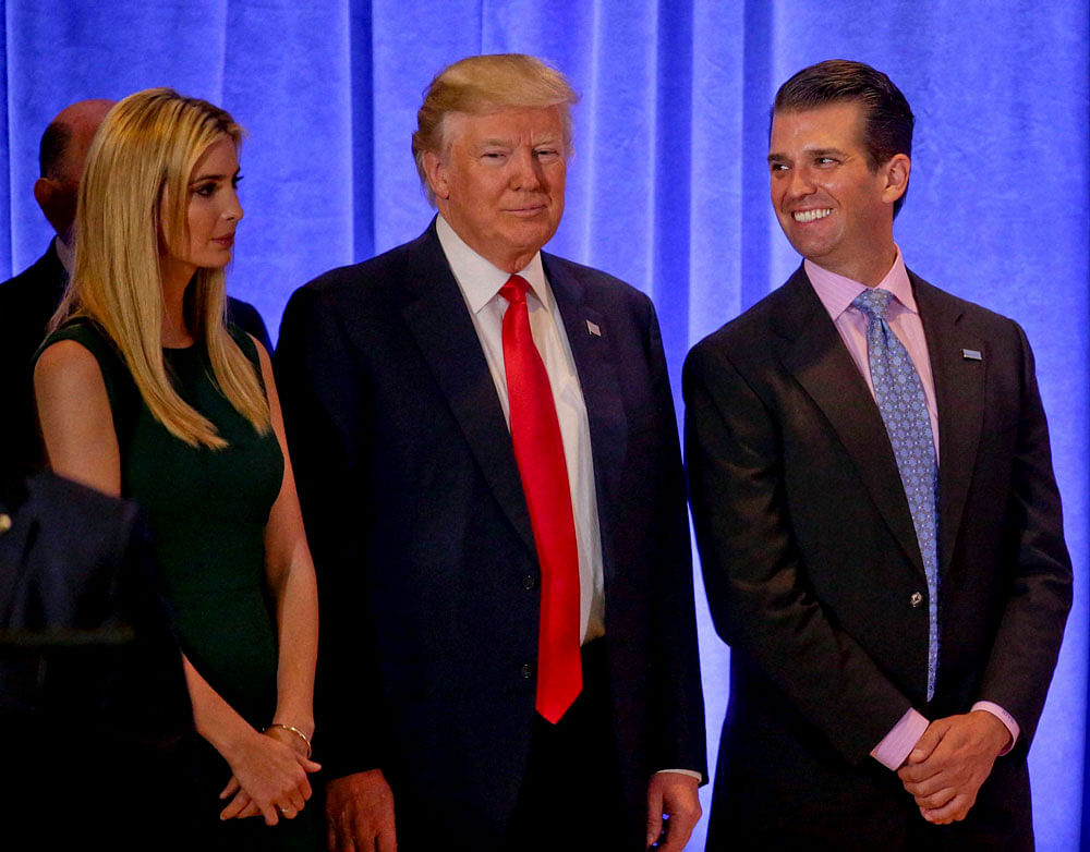 President-elect Donald Trump waits with family members Ivanka Trump, left, and Donald Trump Jr. before speaking at a news conference, Wednesday, Jan. 11, 2017, in New York. The news conference was his first as President-elect. AP/ PTI file photo