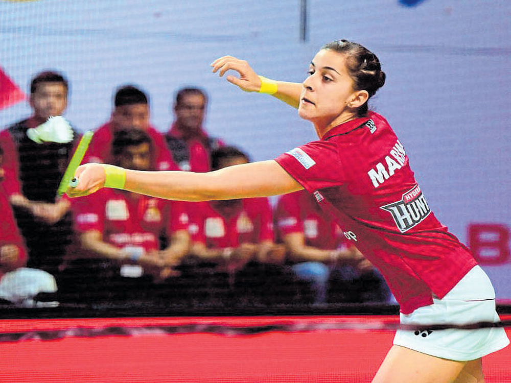in control Carolina Marin posted an important win as Hyderabad defeated Delhi in the PBL on Thursday. file photo