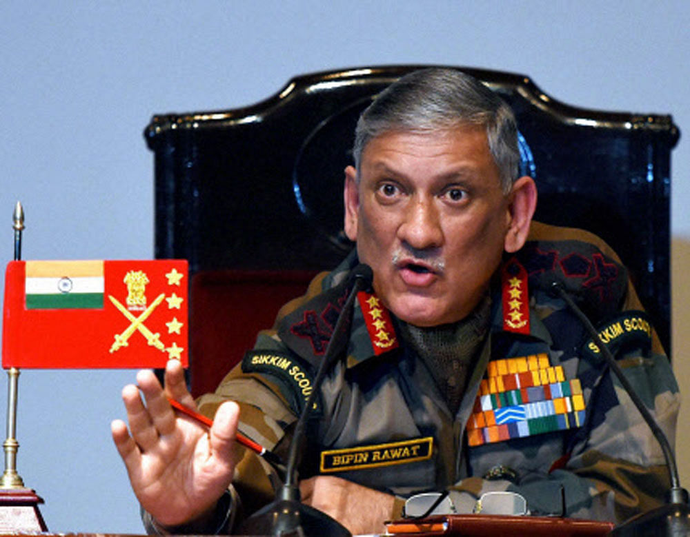 Army Chief Gen Bipin Rawat gestures during the Army's annual press conference in New Delhi on Friday. PTI Photo