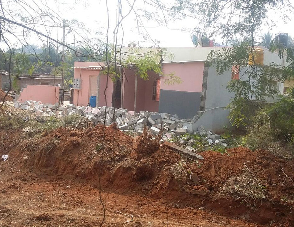 A building on a stormwater drain demolished by the Bruhat Bengaluru Mahanagara Palike in Shettyhalli on Friday.