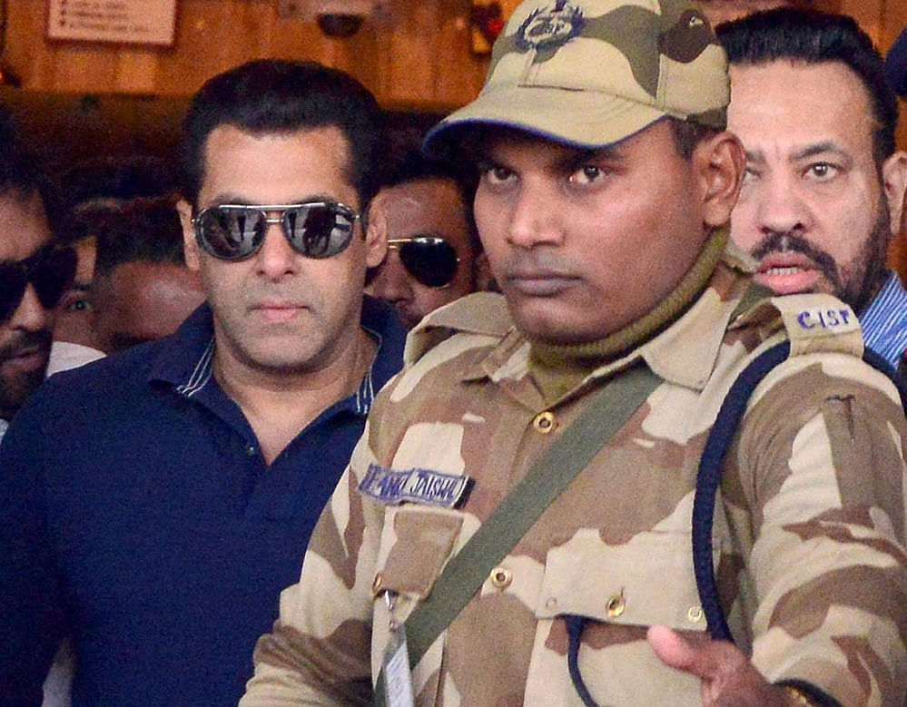 Bollywood actor Salman Khan arrives at Jodhpur civil Airport during the case in the 1998 Arms Act in Jodhpur on Tuesday on Tuesday. PTI Photo