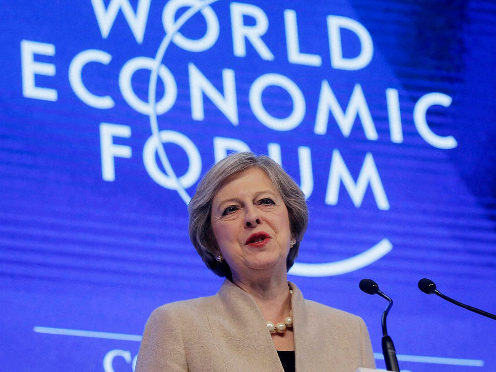 British Prime Minister Theresa May speaks on the third day of the annual meeting of the World Economic Forum in Davos, Switzerland. AP/ PTI Photo