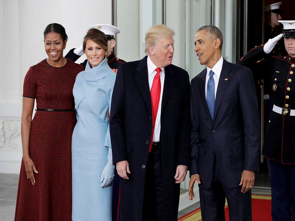 President Barack Obama and first lady Michelle Obama pose with President-elect Donald Trump and his wife Melania at the White House in Washington, Friday, Jan. 20, 2017. AP/PTI