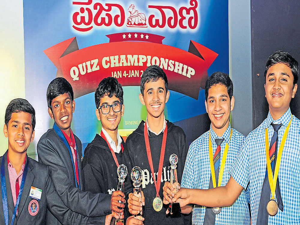 (From left) Prajwal Yaji and Chinmay Hegde of Lions English High School, Sirsi, (first runners-up), Chandrachud Singh and Sucheth of St Paul's School, Bengaluru, (champions), and Anup and Aditya of United Academy High School, Hassan, (second runners-up). dh photo
