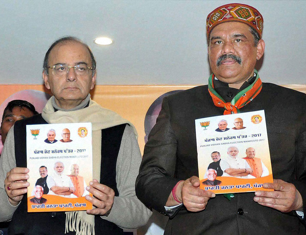 Union Minister Arun Jaitley releases party Manifesto ahead of Punjab assembly elections in Jalandhar on Sunday. PTI Photo