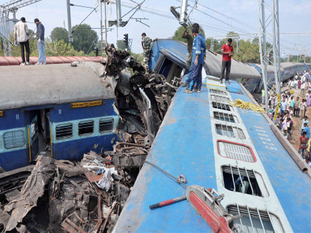 Rescue and relief work in progress at the site where Jagdalpur-Bhubaneswar Express derailed near Kuneru station in Vizianagaram district of Andra Pradesh on Sunday. PTI Photo