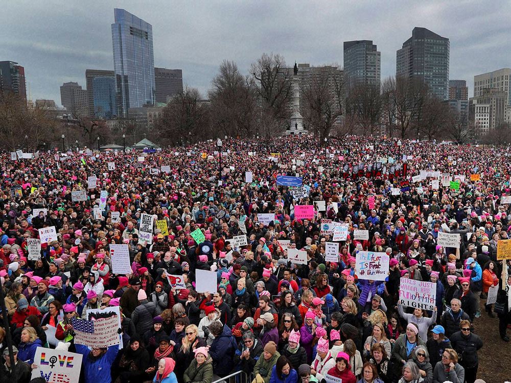 Thousands of people fill Boston Common during a Women's March Saturday Jan. 21, 2017 in Boston. The march is being held in solidarity with similar events taking place in Washington and around the nation. AP/PTI Photo
