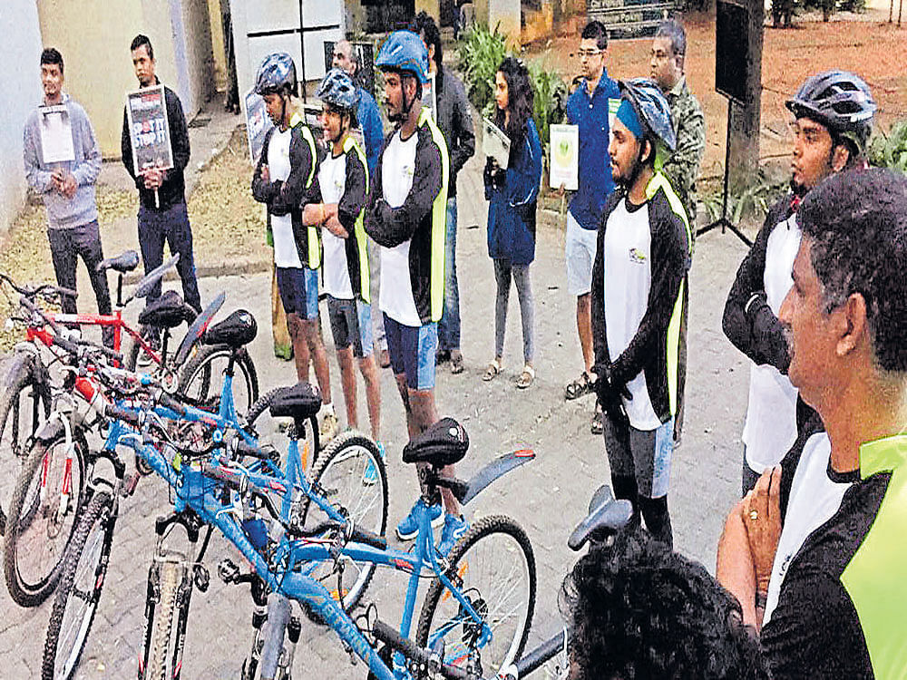 POSITIVE OUTREACH A team from the Karnataka Sports Network cycled across 17 districts in the State to raise awareness on social ills like child abuse