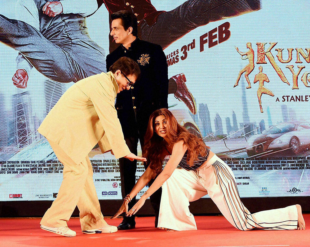 Actor Jackie Chan, Sonu Sood and Shilpa Shetty during a promotional event of the movie 'KungFu Yoga in Mumbai on Monday. PTI Photo