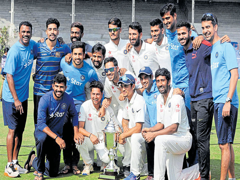 DELIGHTED A triumphant Rest of India side at the Brabourne stadium on Tuesday. PTI
