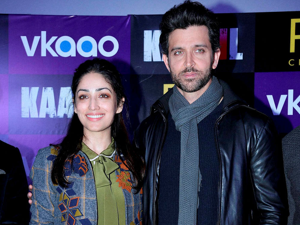 Bollywood actors Hrithik Roshan and Yami Gautam during a press conference to promote her upcoming Movie ' Kaabil' in Noida on Friday. PTI  file Photo