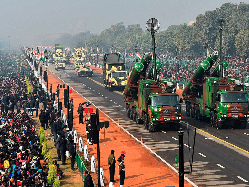 Indian army's mechanised columns during the full dress rehearsal for the Republic Day parade, at Rajpath in New Delhi. PTI file photo