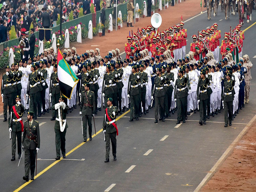UAE contingent leads India's 68th Republic Day Parade at Rajpath in New Delhi on Thursday. PTI Photo