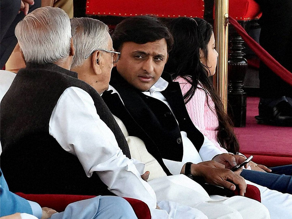Uttar Pradesh Chief Minister Akhilesh Yadav participates in the 68th Republic Day Parade in Lucknow on Thursday. PTI