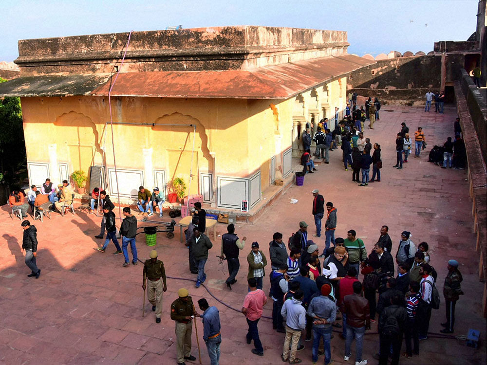 Karni Sena activists protest against the shooting of Sanjay Leela Bhansali's upconimg film 'Padmawati' alleging depiction of 'wrong facts' in it at Jaigarh fort in Jaipur on Friday. PTI Photo