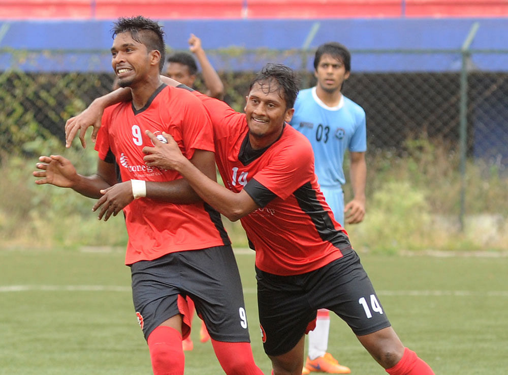 On target: Anto Xavier (left) of Ozone FC Bengaluru celebrates with Pradeep after scoring against Pride Sports in an I-League second division match on Friday. DH Photo