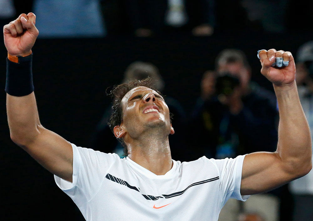 Fighter returns: Rafael Nadal enjoys an exhilarating moment after outlasting Grigor Dimitrov in the semifinal of the Australian Open on Friday. Reuters