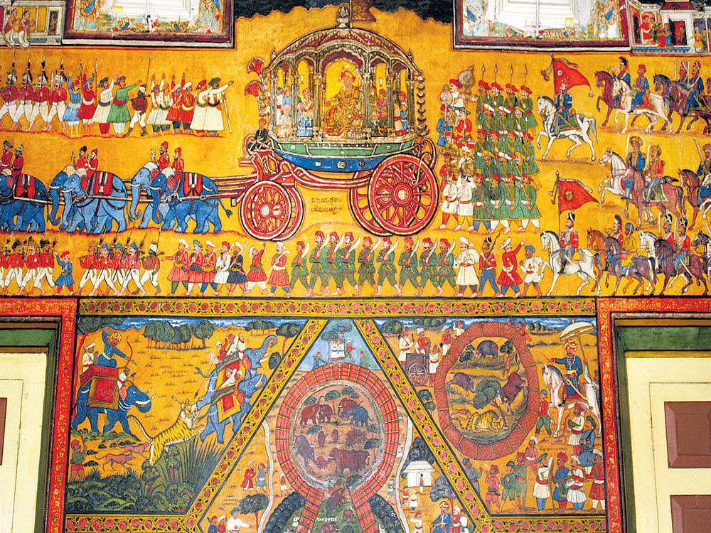 A painting of Dasara procession in Jaganmohan Palace, Mysuru. PHOTOS BY AUTHOR