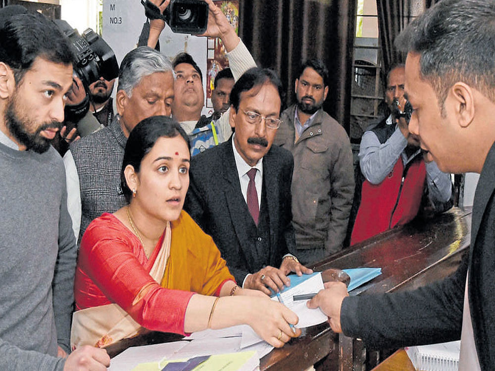 FAMILY RULE: Mulayam Singh Yadav's younger daughter-in law Aparna files her nomination papers for the Uttar Pradesh Assembly Election in Lucknow on Monday. PTI