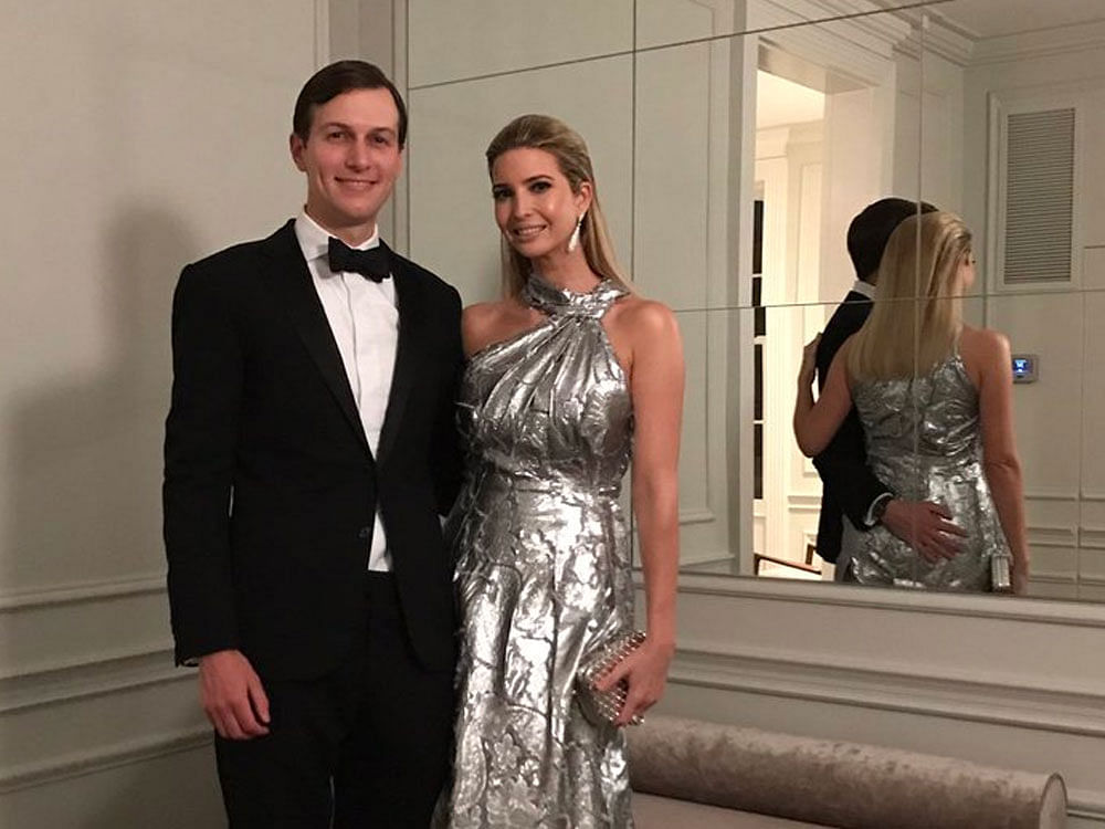 She and her husband Jared Kushner were dressed to the nines, were she was pictured wearing a USD 5000 Carolina Herrera-designed metallic silver gown alongside before the pair attended a swanky dinner in Washington. Image courtesy Twitter.