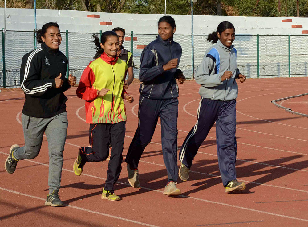 ready to go Athletes train ahead of the Karnataka State Games in Dharwad on Thursday.