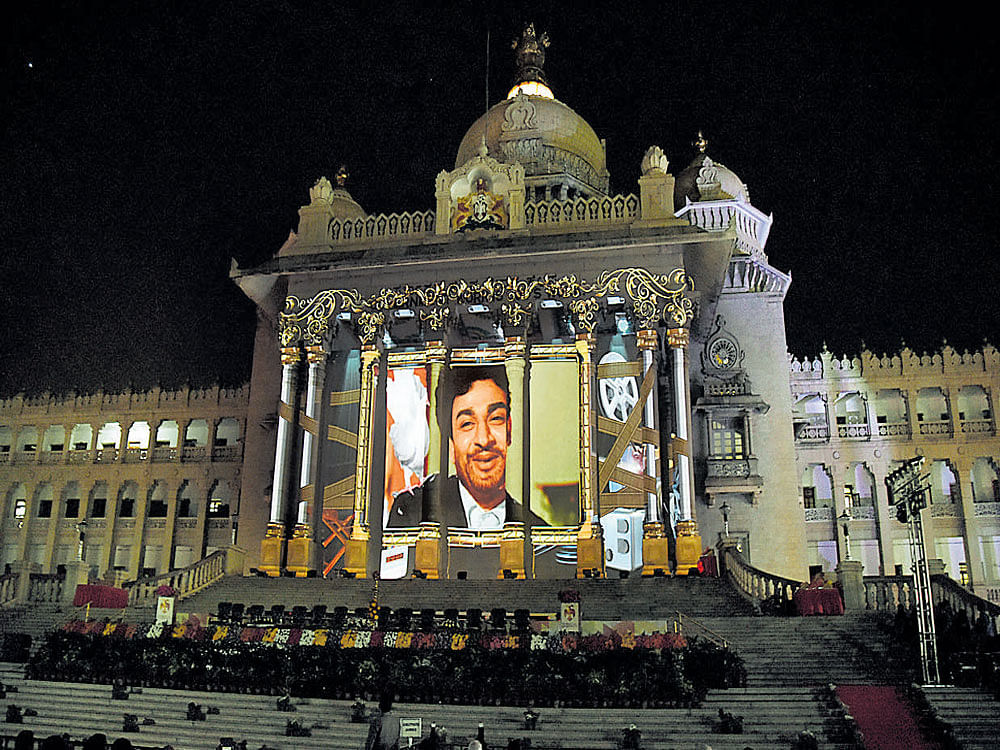 Matinee idol Dr Rajkumar comes alive during a laser show on the history of Kannada cinemaand culture at the inaugural of Biffes-2017 on the pillars of the Vidhana Soudha in Bengaluru on Thursday