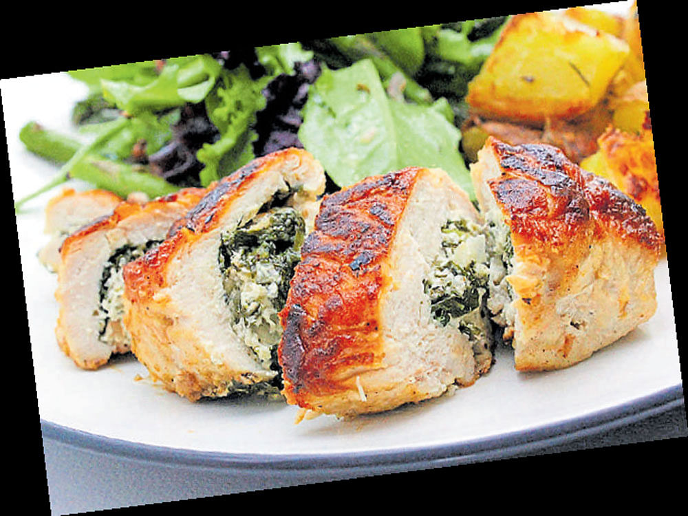 filling Spinach goatcheese stuffed chicken.