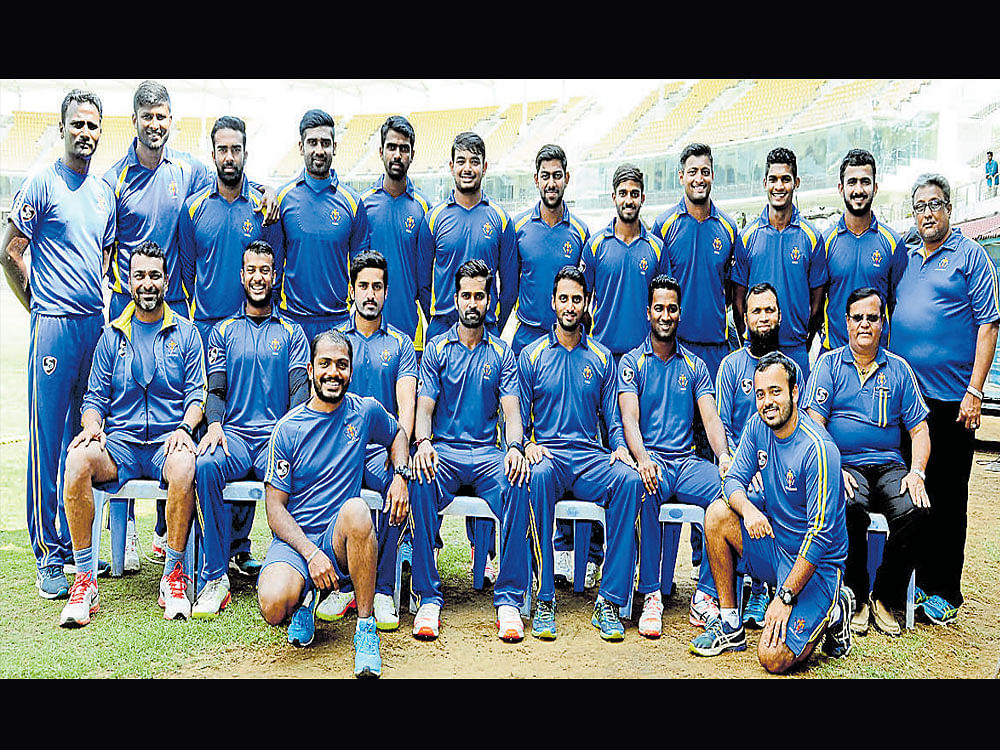 champions The Karnataka cricket team, winners of the South Zone leg of the Syed Mushtaq Ali Trophy T20 tournament. STANDING (L-R): Jaba Prabu (physio), K Gowtham, Shishir Bhavane, Stallin Hoover, Mohd Taha, Aniruddha Joshi, J Suchith, R Samarth, Pavan Deshpande, T Pradeep, KC Cariyappa, A Ramesh Rao (logistics manager). SITTING: J Arun Kumar (coach), Mayank Agarwal, Karun Nair, R Vinay Kumar (captain), S Arvind, C M Gautam, Mansur Ali Khan (assistant coach), B Siddaramu (manager). SQUATTING: Kiran Kudtarkar (video analyst), Prashanth Pujra (trainer).