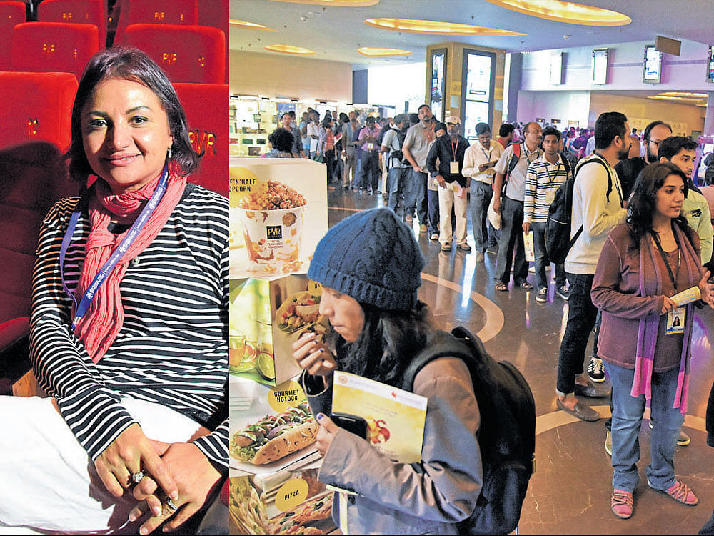 Egyptian filmmaker Hala Khalil at  the 9th edition of Bengaluru International Film Festival on Friday. (Right) Movie buffs queue up in big numbers at the Orion Mall on the first day.  Dh photos/Shivakumar B H