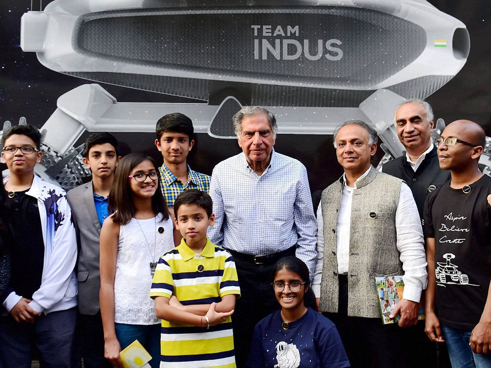 TeamIndus Foundation team with Tata Group interim chairman Ratan Tata at the launch of 'Moonshot Wheels' campaign on Tuesday. DH&#8200;photo