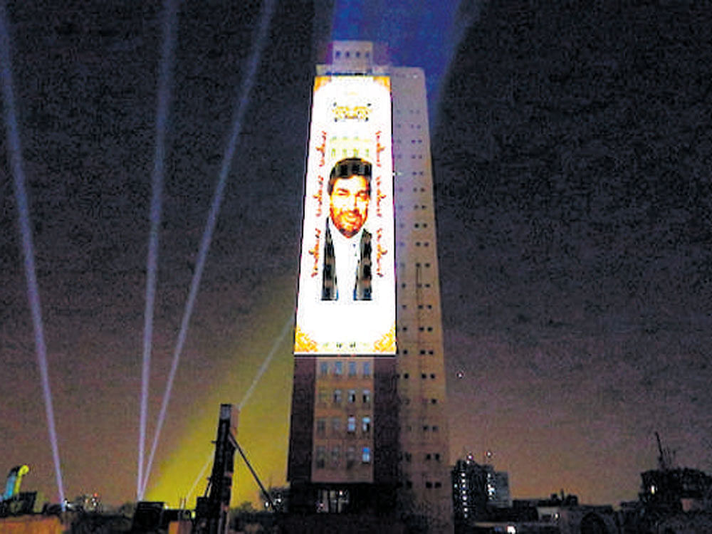 A 3D projection mapping of Kannada actor Dr Rajkumar  on the Public Utility Building on MG Road as part of the  ongoing Bengaluru International Film Festival.