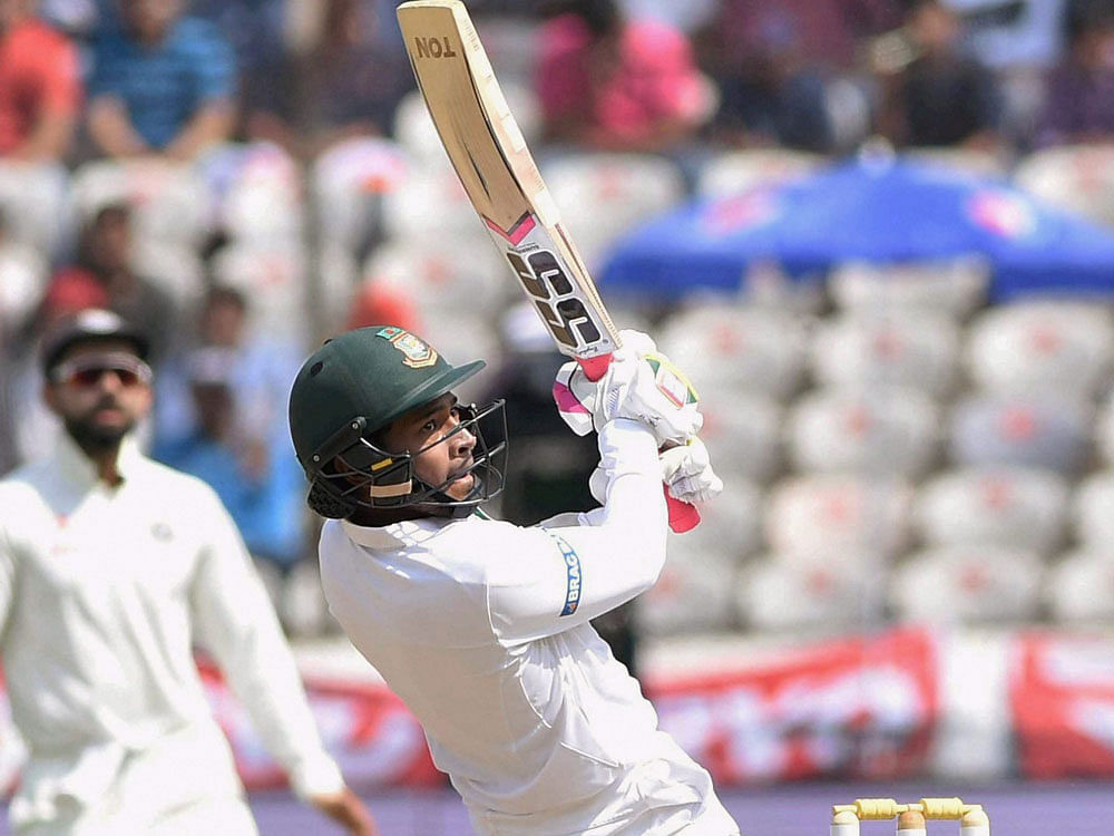 Mushfiqur Rahim of Bangladesh in action during the third day of the Test match against India in Hyderabad on Saturday. PTI Photo