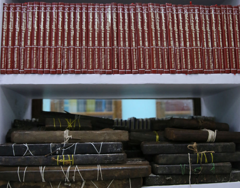 Books and  palm leaves scripts at Bhadaria library in Rajasthan.