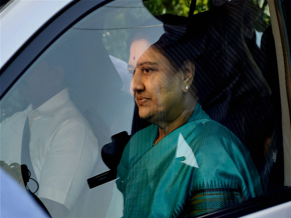AIADMK General Secretary VK Sasikala in a surprise move arrives at the resort in Koovathur at East Coast Road to meet various MLAs who are camping over the last four days to decide on the further course of action near Chennai on Saturday. PTI Photo