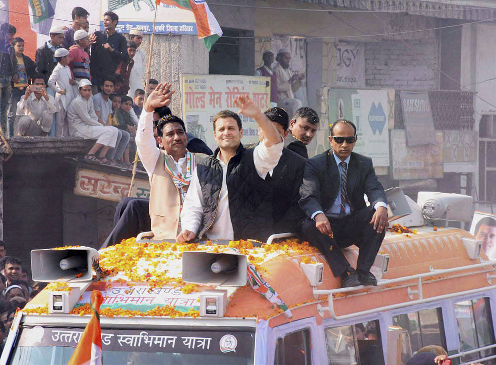 Congress vice president Rahul Gandhi during a roadshow at Roorkee in Uttarakhand's Haridwar district on Sunday. PTI