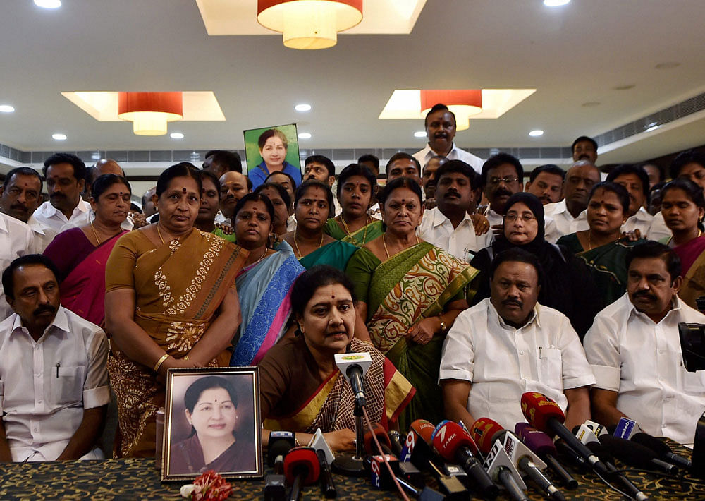 Sasikala with party MLAs at a resort on the outskirts of the city. PTI