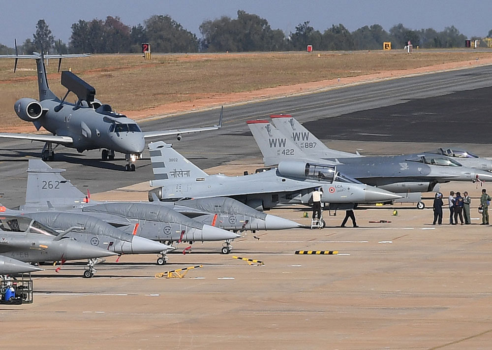 An all-weather airborne early warning and control  system aircraft is taxiing to join fighter jets Dassault Rafale, Saab Gripen, LCA&#8200;Tejas and F16 Falcon at Yelahanka air base in Bengaluru on Monday. DH PHOTO/Kishor Kumar Bolar