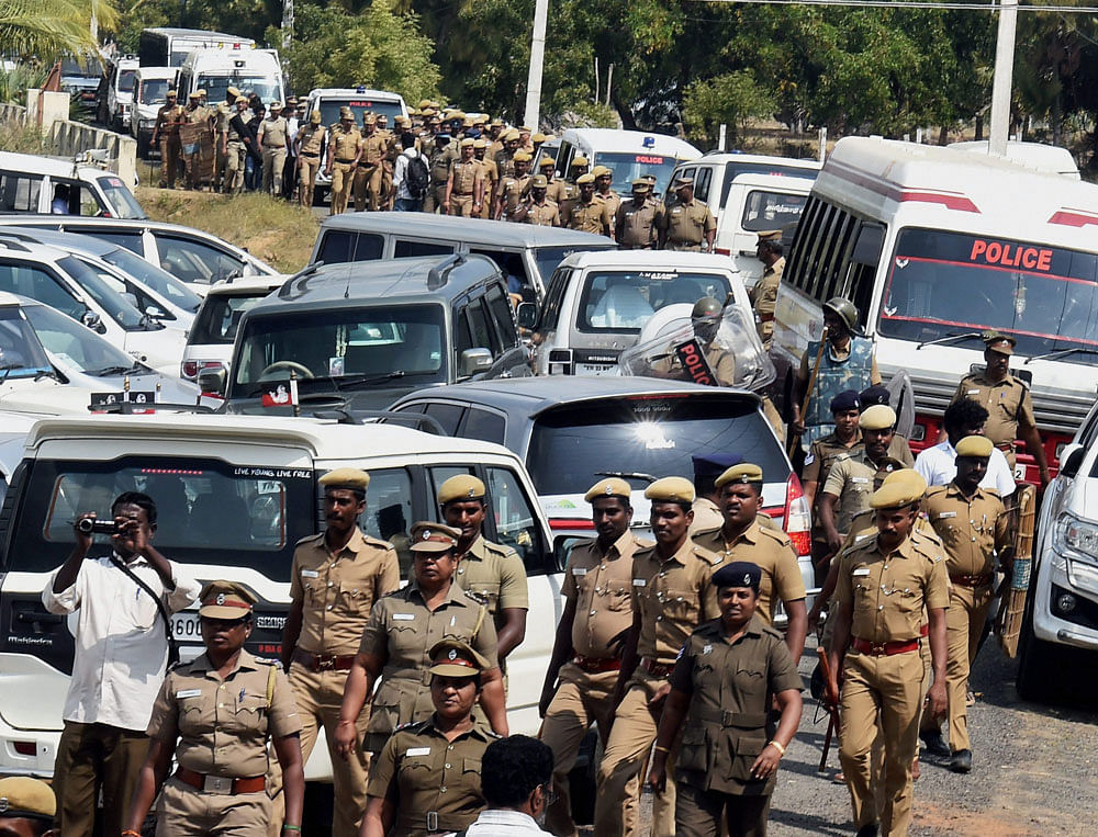 Police at the resort in Koovathur on East Coast Road on the outskirts of Chennai on Tuesday. PTI