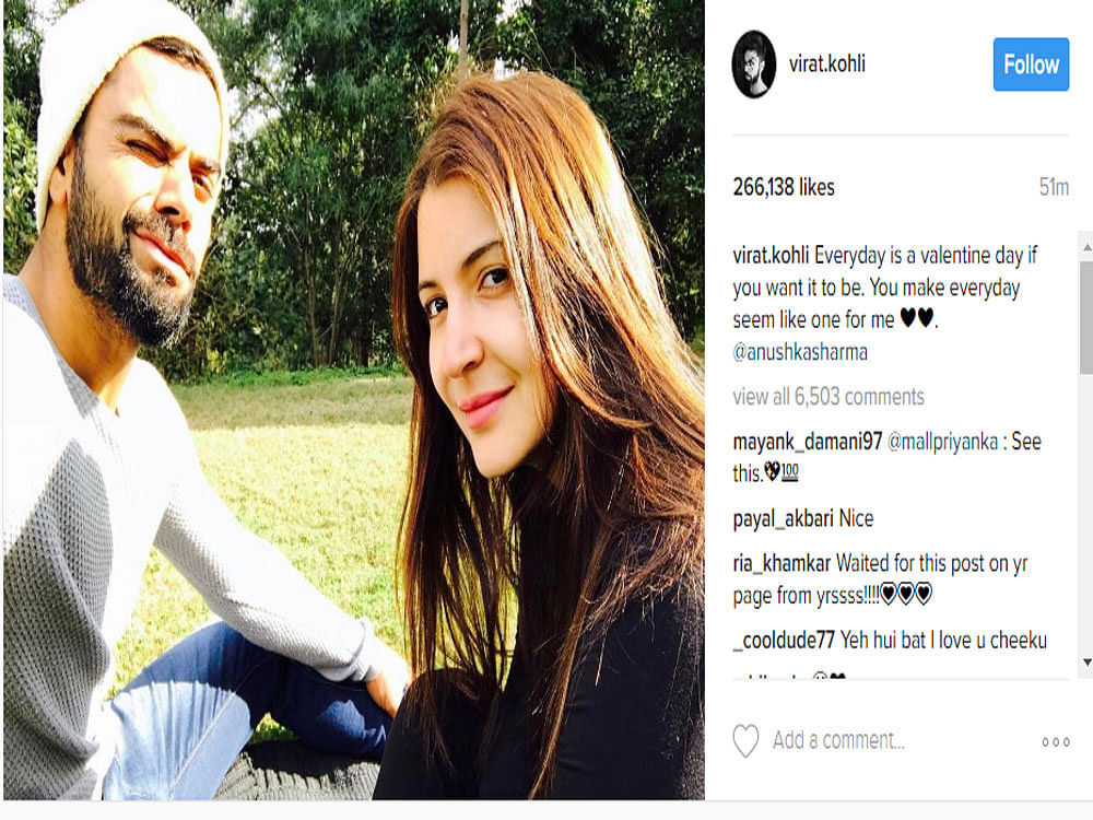 The Indian cricket skipper took to Instagram to share a sun-kissed picture of the two and tagged Anushka in the post. Image: Virat Kohli Instagarm