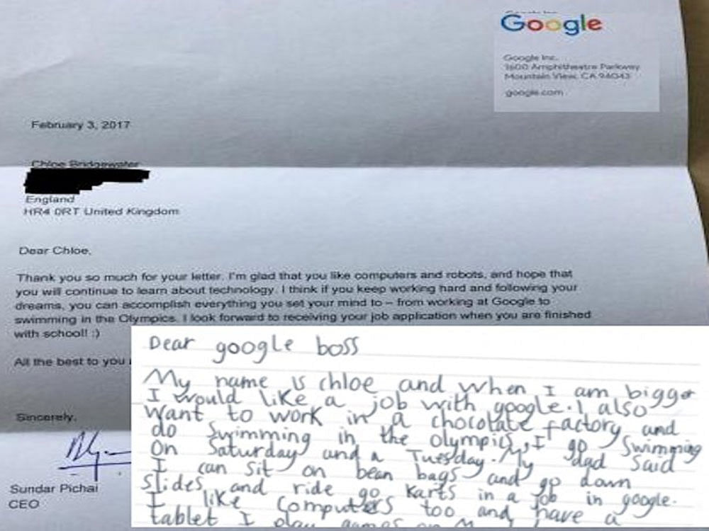 Chloe Bridgewater  listed out her computer skills as well as an interest in a workplace that had bean bags and slides in her letter addressed to 'Dear google boss'. Image courtesy Twitter.