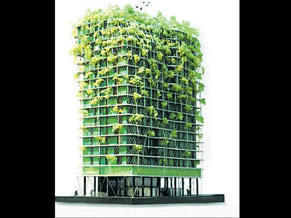 Plant-covered facade for tower