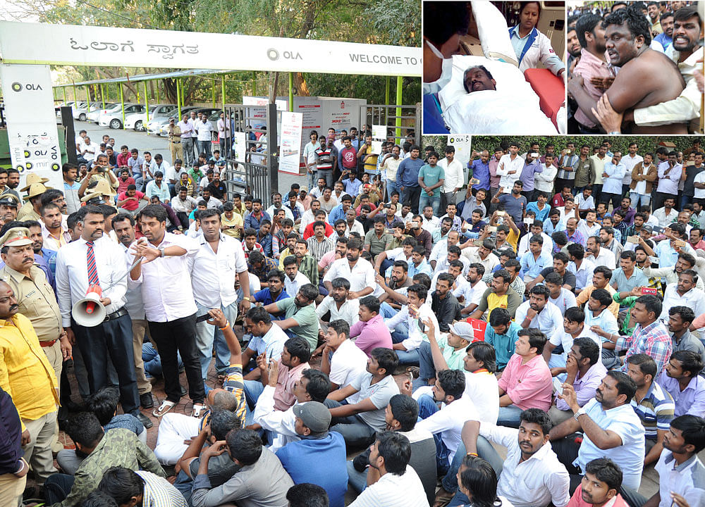 Drivers protest outside Ola's headquarters at Murugeshpalya in the city on Thursday, pressing for their various demands.  (Inset left) Mohan Kumar, a driver who attempted suicide, is being treated at Manipal Hospitals. (Inset right) Another cabbie, Srinivas, is being eased out of the protest site as he tried to immolate himself. DH Photos / Srikanta Sharma R