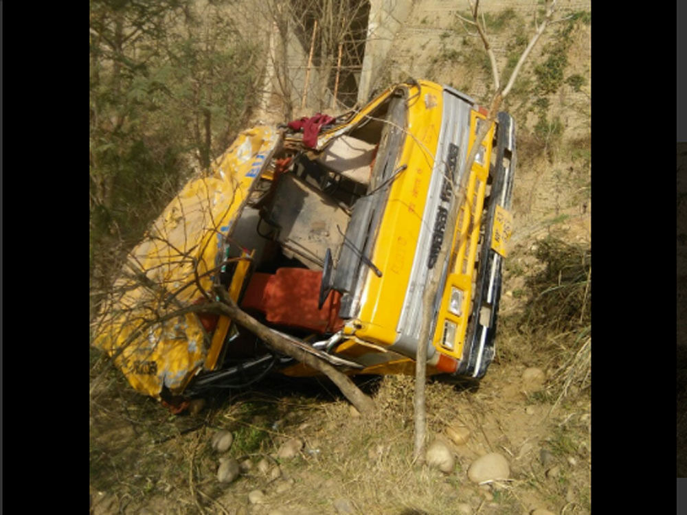 The local administration has given immediate relief of Rs 5,000 to each of the seriously injured besides promising free treatment. The driver of the bus is among the injured. Eye-witnesses said that the accident took place as the driver tried to overtake another bus and it fell into ditch. The roof of the bus was torn apart in the incident and the children were resued from the opening, they said. Picture courtesy ANI