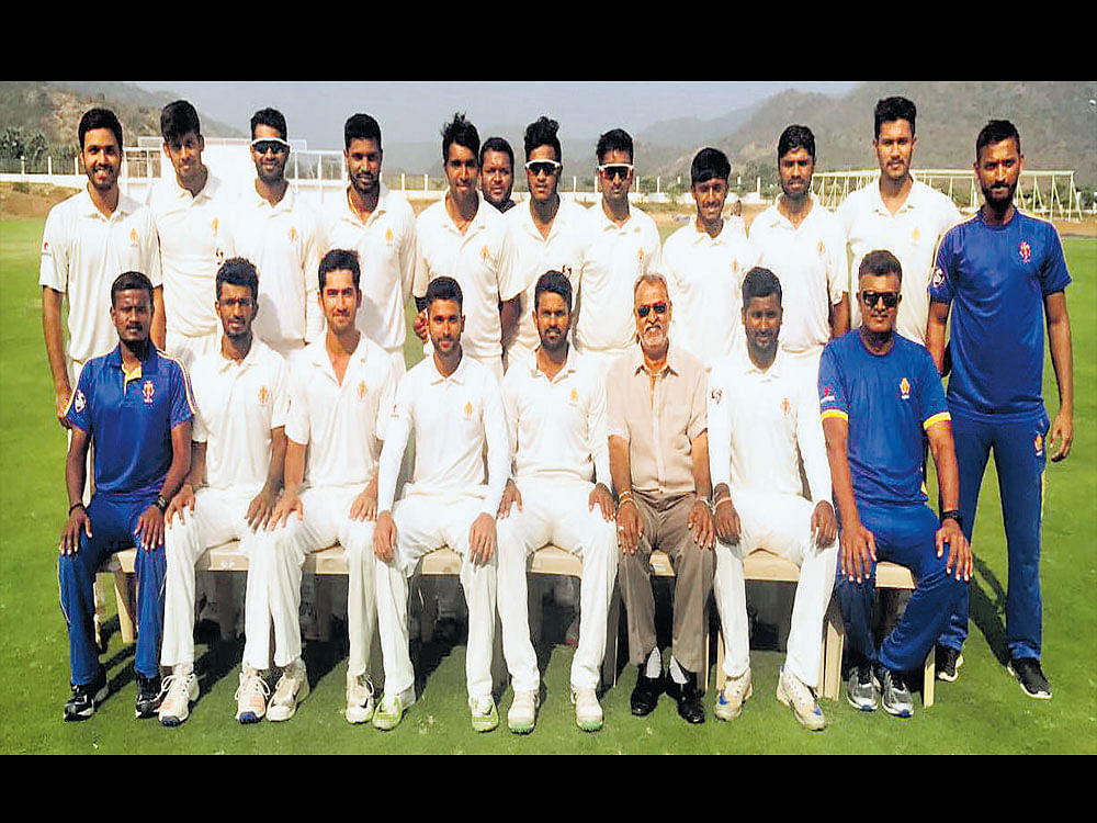champions The Karnataka cricket team, winners of the P S Ram Mohan Rao Trophy. (L-R) STANDING: Shivam Mishra, Shivil Kaushik, Bhavesh Gulecha, Rohan Kadam, Raj Gala, P Rajeev (video analyst), Vyashak Vijaykumar, Prateeksh, Sharath Srinivas, Kayan Abbas, V Koushik, Pradeep G (trainer). SITTING: Manjunath (physio), Dinesh Borwankar, Liyan Khan, K V Siddarath (captain), Zeeshan Ali Sayyed, Nagaraj D R (manager), Mitrakanth Yadav, T Nasiruddin (coach).