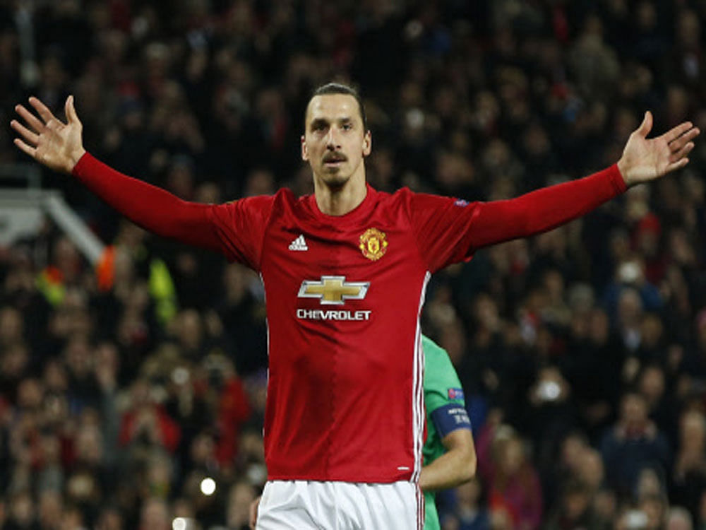 Manchester United's Zlatan Ibrahimovic celebrates scoring their third goal to complete his hat trick. Reuters photo.