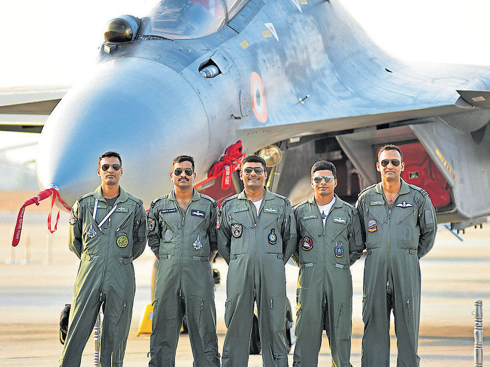 Wing Commanders Deepak Kumar and CUV Rao (second and third from left respectively) with Flight Lieutenants Nitesh Yadav (first), Abhay Singh (fourth) and Wing Commander Tushar Kaduskar. DH Photo by B K Janardhan