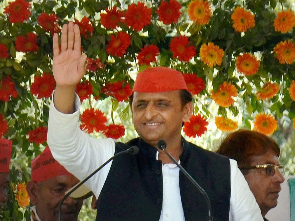 UP Chief Minister Akhilesh Yadav addressing at an election rally in Amethi on Monday. PTI Photo