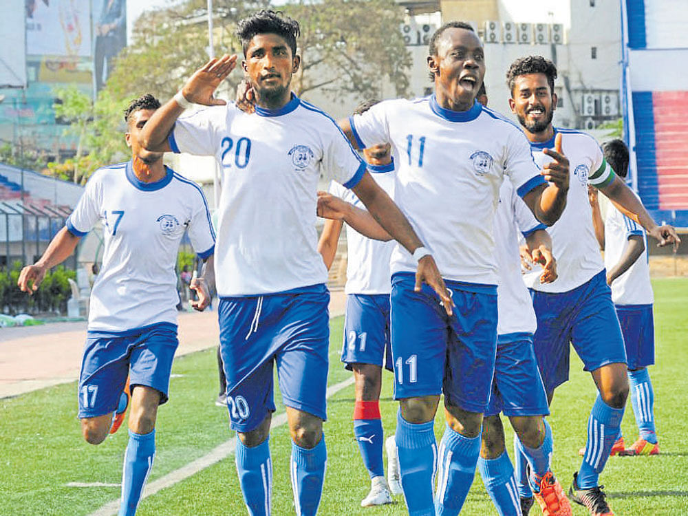 Ecstatic Students Union's Sudhir (20) celebrates after scoring against CIL in a Super Division tie on Tuesday. DH photo