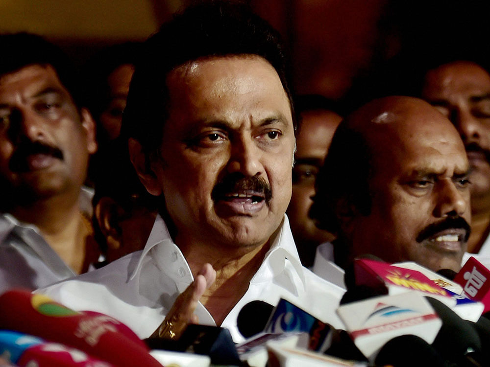Accompanied by senior leaders including Durai Murugan, Stalin left for Delhi to meet the President this evening. His scheduled meeting with the President comes days after he had urged Tamil Nadu Governor Ch Vidyasagar Rao to 'nullify' the confidence vote, which was won by Palaniswami after forcible en-masse eviction of DMK legislators from the State Assembly on February 18. PTI file photo