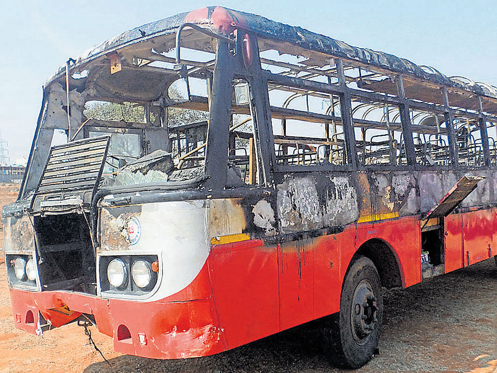 A woman was burnt alive while another sustained grievous injuries after a KSRTC bus caught fire near Nelamangala  earlier this week. DH File PHoto